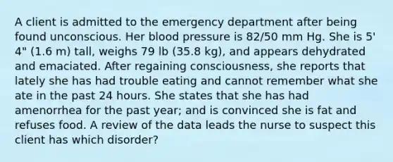 A client is admitted to the emergency department after being found unconscious. Her blood pressure is 82/50 mm Hg. She is 5' 4" (1.6 m) tall, weighs 79 lb (35.8 kg), and appears dehydrated and emaciated. After regaining consciousness, she reports that lately she has had trouble eating and cannot remember what she ate in the past 24 hours. She states that she has had amenorrhea for the past year; and is convinced she is fat and refuses food. A review of the data leads the nurse to suspect this client has which disorder?