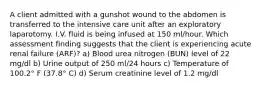 A client admitted with a gunshot wound to the abdomen is transferred to the intensive care unit after an exploratory laparotomy. I.V. fluid is being infused at 150 ml/hour. Which assessment finding suggests that the client is experiencing acute renal failure (ARF)? a) Blood urea nitrogen (BUN) level of 22 mg/dl b) Urine output of 250 ml/24 hours c) Temperature of 100.2° F (37.8° C) d) Serum creatinine level of 1.2 mg/dl