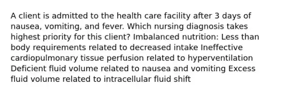 A client is admitted to the health care facility after 3 days of nausea, vomiting, and fever. Which nursing diagnosis takes highest priority for this client? Imbalanced nutrition: <a href='https://www.questionai.com/knowledge/k7BtlYpAMX-less-than' class='anchor-knowledge'>less than</a> body requirements related to decreased intake Ineffective cardiopulmonary tissue perfusion related to hyperventilation Deficient fluid volume related to nausea and vomiting Excess fluid volume related to intracellular fluid shift