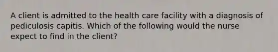 A client is admitted to the health care facility with a diagnosis of pediculosis capitis. Which of the following would the nurse expect to find in the client?