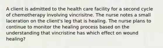 A client is admitted to the health care facility for a second cycle of chemotherapy involving vincrisitne. The nurse notes a small laceration on the client's leg that is healing. The nurse plans to continue to monitor the healing process based on the understanding that vincristine has which effect on wound healing?