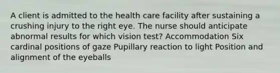 A client is admitted to the health care facility after sustaining a crushing injury to the right eye. The nurse should anticipate abnormal results for which vision test? Accommodation Six cardinal positions of gaze Pupillary reaction to light Position and alignment of the eyeballs