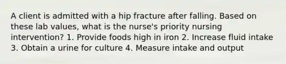 A client is admitted with a hip fracture after falling. Based on these lab values, what is the nurse's priority nursing intervention? 1. Provide foods high in iron 2. Increase fluid intake 3. Obtain a urine for culture 4. Measure intake and output