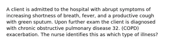 A client is admitted to the hospital with abrupt symptoms of increasing shortness of breath, fever, and a productive cough with green sputum. Upon further exam the client is diagnosed with chronic obstructive pulmonary disease 32. (COPD) exacerbation. The nurse identifies this as which type of illness?