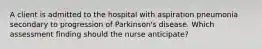 A client is admitted to the hospital with aspiration pneumonia secondary to progression of Parkinson's disease. Which assessment finding should the nurse anticipate?