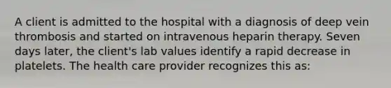 A client is admitted to the hospital with a diagnosis of deep vein thrombosis and started on intravenous heparin therapy. Seven days later, the client's lab values identify a rapid decrease in platelets. The health care provider recognizes this as: