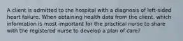 A client is admitted to the hospital with a diagnosis of left-sided heart failure. When obtaining health data from the client, which information is most important for the practical nurse to share with the registered nurse to develop a plan of care?