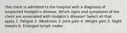 The client is admitted to the hospital with a diagnosis of suspected Hodgkin's disease. Which signs and symptoms of the client are associated with Hodgkin's disease? Select all that apply 1. Fatigue 2. Weakness 3. Joint pain 4. Weight gain 5. Night sweats 6. Enlarged lymph nodes