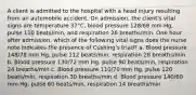 A client is admitted to the hospital with a head injury resulting from an automobile accident. On admission, the client's vital signs are temperature 37°C, blood pressure 128/68 mm Hg, pulse 110 beats/min, and respiration 26 breaths/min. One hour after admission, which of the following vital signs does the nurse note indicates the presence of Cushing's triad? a. Blood pressure 148/78 mm Hg, pulse 112 beats/min, respiration 28 breaths/min b. Blood pressure 130/72 mm Hg, pulse 90 beats/min, respiration 24 breaths/min c. Blood pressure 110/70 mm Hg, pulse 120 beats/min, respiration 30 breaths/min d. Blood pressure 140/60 mm Hg, pulse 60 beats/min, respiration 14 breaths/min