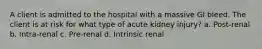 A client is admitted to the hospital with a massive GI bleed. The client is at risk for what type of acute kidney injury? a. Post-renal b. Intra-renal c. Pre-renal d. Intrinsic renal