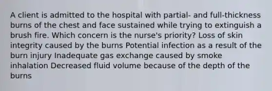 A client is admitted to the hospital with partial- and full-thickness burns of the chest and face sustained while trying to extinguish a brush fire. Which concern is the nurse's priority? Loss of skin integrity caused by the burns Potential infection as a result of the burn injury Inadequate gas exchange caused by smoke inhalation Decreased fluid volume because of the depth of the burns