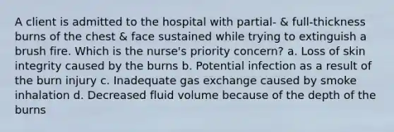 A client is admitted to the hospital with partial- & full-thickness burns of the chest & face sustained while trying to extinguish a brush fire. Which is the nurse's priority concern? a. Loss of skin integrity caused by the burns b. Potential infection as a result of the burn injury c. Inadequate gas exchange caused by smoke inhalation d. Decreased fluid volume because of the depth of the burns