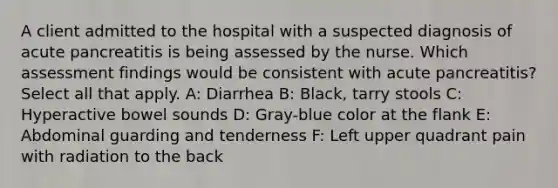 A client admitted to the hospital with a suspected diagnosis of acute pancreatitis is being assessed by the nurse. Which assessment findings would be consistent with acute pancreatitis? Select all that apply. A: Diarrhea B: Black, tarry stools C: Hyperactive bowel sounds D: Gray-blue color at the flank E: Abdominal guarding and tenderness F: Left upper quadrant pain with radiation to the back