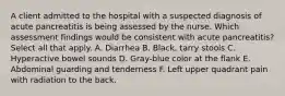 A client admitted to the hospital with a suspected diagnosis of acute pancreatitis is being assessed by the nurse. Which assessment findings would be consistent with acute pancreatitis? Select all that apply. A. Diarrhea B. Black, tarry stools C. Hyperactive bowel sounds D. Gray-blue color at the flank E. Abdominal guarding and tenderness F. Left upper quadrant pain with radiation to the back.