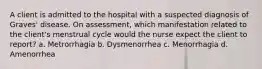 A client is admitted to the hospital with a suspected diagnosis of Graves' disease. On assessment, which manifestation related to the client's menstrual cycle would the nurse expect the client to report? a. Metrorrhagia b. Dysmenorrhea c. Menorrhagia d. Amenorrhea