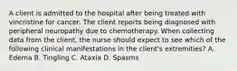 A client is admitted to the hospital after being treated with vincristine for cancer. The client reports being diagnosed with peripheral neuropathy due to chemotherapy. When collecting data from the client, the nurse should expect to see which of the following clinical manifestations in the client's extremities? A. Edema B. Tingling C. Ataxia D. Spasms