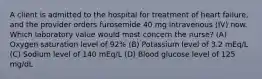 A client is admitted to the hospital for treatment of heart failure, and the provider orders furosemide 40 mg intravenous (IV) now. Which laboratory value would most concern the nurse? (A) Oxygen saturation level of 92% (B) Potassium level of 3.2 mEq/L (C) Sodium level of 140 mEq/L (D) Blood glucose level of 125 mg/dL