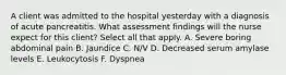 A client was admitted to the hospital yesterday with a diagnosis of acute pancreatitis. What assessment findings will the nurse expect for this client? Select all that apply. A. Severe boring abdominal pain B. Jaundice C. N/V D. Decreased serum amylase levels E. Leukocytosis F. Dyspnea