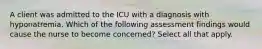 A client was admitted to the ICU with a diagnosis with hyponatremia. Which of the following assessment findings would cause the nurse to become concerned? Select all that apply.