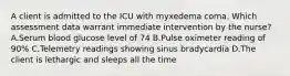 A client is admitted to the ICU with myxedema coma. Which assessment data warrant immediate intervention by the nurse? A.Serum blood glucose level of 74 B.Pulse oximeter reading of 90% C.Telemetry readings showing sinus bradycardia D.The client is lethargic and sleeps all the time