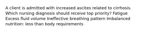 A client is admitted with increased ascites related to cirrhosis. Which nursing diagnosis should receive top priority? Fatigue Excess fluid volume Ineffective breathing pattern Imbalanced nutrition: less than body requirements