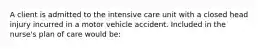 A client is admitted to the intensive care unit with a closed head injury incurred in a motor vehicle accident. Included in the nurse's plan of care would be: