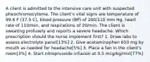 A client is admitted to the intensive care unit with suspected pheochromocytoma. The client's vital signs are temperature of 99.6 F (37.5 C), blood pressure (BP) of 200/110 mm Hg, heart rate of 110/min, and respirations of 20/min. The client is sweating profusely and reports a severe headache. Which prescription should the nurse implement first? 1. Draw labs to assess electrolyte panel[13%] 2. Give acetaminophen 650 mg by mouth as needed for headache[5%] 3. Place a fan in the client's room[3%] 4. Start nitroprusside infusion at 0.5 mcg/kg/min[77%]