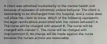 A client was admitted involuntarily to the mental health unit because of episodes of extremely violent behavior. The client is demanding to be discharged from the hospital, and a nurse does not allow the client to leave. Which of the following represents the legal ramifications associated with the nurses behavior? A. The nurse will be charged with assault B. The nurse will be charged with slander C. The nurse will be charged with imprisonment D. No charge will be made against the nurse because the nurses actions are reasonable.