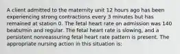 A client admitted to the maternity unit 12 hours ago has been experiencing strong contractions every 3 minutes but has remained at station 0. The fetal heart rate on admission was 140 beats/min and regular. The fetal heart rate is slowing, and a persistent nonreassuring fetal heart rate pattern is present. The appropriate nursing action in this situation is: