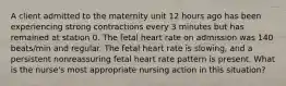 A client admitted to the maternity unit 12 hours ago has been experiencing strong contractions every 3 minutes but has remained at station 0. The fetal heart rate on admission was 140 beats/min and regular. The fetal heart rate is slowing, and a persistent nonreassuring fetal heart rate pattern is present. What is the nurse's most appropriate nursing action in this situation?