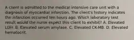 A client is admitted to the medical intensive care unit with a diagnosis of myocardial infarction. The client's history indicates the infarction occurred ten hours ago. Which laboratory test result would the nurse expect this client to exhibit? A. Elevated LDH. B. Elevated serum amylase. C. Elevated CK-MB. D. Elevated hematocrit.