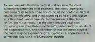 A client was admitted to a medical unit because the client suddenly experienced total deafness. The client undergoes numerous tests to determine the cause of the deafness. All test results are negative, and there seems to be no organic reason why this client cannot hear. On further review of the client's record, the nurse notes that the client became deaf after witnessing a murder. Based on this information and the results of the diagnostic tests, which condition should the nurse suspect the client may be experiencing? 1. Psychosis 2. Repression 3. A conversion disorder 4. A dissociative disorder