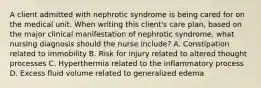 A client admitted with nephrotic syndrome is being cared for on the medical unit. When writing this client's care plan, based on the major clinical manifestation of nephrotic syndrome, what nursing diagnosis should the nurse include? A. Constipation related to immobility B. Risk for injury related to altered thought processes C. Hyperthermia related to the inflammatory process D. Excess fluid volume related to generalized edema