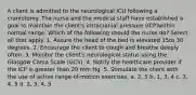 A client is admitted to the neurological ICU following a craniotomy. The nurse and the medical staff have established a goal to maintain the client's intracranial pressure (ICP)within normal range. Which of the following should the nurse do? Select all that apply. 1. Assure the head of the bed is elevated 15to 30 degrees. 2. Encourage the client to cough and breathe deeply often. 3. Monitor the client's neurological status using the Glasgow Coma Scale (GCS). 4. Notify the healthcare provider if the ICP is greater than 20 mm Hg. 5. Stimulate the client with the use of active range-of-motion exercises. a. 2, 5 b. 1, 3, 4 c. 3, 4, 5 d. 2, 3, 4, 5