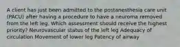 A client has just been admitted to the postanesthesia care unit (PACU) after having a procedure to have a neuroma removed from the left leg. Which assessment should receive the highest priority? Neurovascular status of the left leg Adequacy of circulation Movement of lower leg Patency of airway