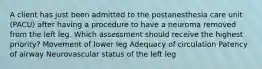 A client has just been admitted to the postanesthesia care unit (PACU) after having a procedure to have a neuroma removed from the left leg. Which assessment should receive the highest priority? Movement of lower leg Adequacy of circulation Patency of airway Neurovascular status of the left leg