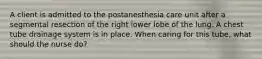 A client is admitted to the postanesthesia care unit after a segmental resection of the right lower lobe of the lung. A chest tube drainage system is in place. When caring for this tube, what should the nurse do?