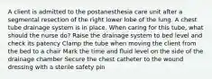 A client is admitted to the postanesthesia care unit after a segmental resection of the right lower lobe of the lung. A chest tube drainage system is in place. When caring for this tube, what should the nurse do? Raise the drainage system to bed level and check its patency Clamp the tube when moving the client from the bed to a chair Mark the time and fluid level on the side of the drainage chamber Secure the chest catheter to the wound dressing with a sterile safety pin