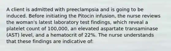 A client is admitted with preeclampsia and is going to be induced. Before initiating the Pitocin infusion, the nurse reviews the woman's latest laboratory test findings, which reveal a platelet count of 100,000, an elevated aspartate transaminase (AST) level, and a hematocrit of 22%. The nurse understands that these findings are indicative of: