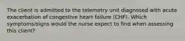 The client is admitted to the telemetry unit diagnosed with acute exacerbation of congestive heart failure (CHF). Which symptoms/signs would the nurse expect to find when assessing this client?