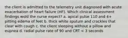 the client is admitted to the telemetry unit diagnosed with acute exacerbation of heart failure (HF). Which clinical assessment findings wold the nurse expect? a. apical pulse 110 and 4+ pitting edema of feet b. thick white sputum and crackles that clear with cough c. the client sleeping without a pillow and eupnea d. radial pulse rate of 90 and CRT < 3 seconds