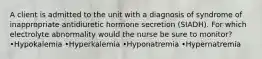 A client is admitted to the unit with a diagnosis of syndrome of inappropriate antidiuretic hormone secretion (SIADH). For which electrolyte abnormality would the nurse be sure to monitor? •Hypokalemia •Hyperkalemia •Hyponatremia •Hypernatremia