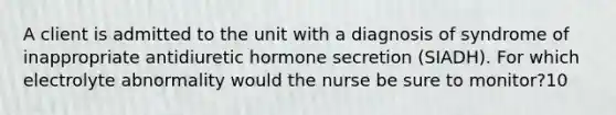 A client is admitted to the unit with a diagnosis of syndrome of inappropriate antidiuretic hormone secretion (SIADH). For which electrolyte abnormality would the nurse be sure to monitor?10