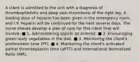 A client is admitted to the unit with a diagnosis of thrombophlebitis and deep vein thrombosis of the right leg. A loading dose of heparin has been given in the emergency room, and I.V. heparin will be continued for the next several days. The nurse should develop a plan of care for this client that will involve: ■ 1. Administering aspirin as ordered. ■ 2. Encouraging green leafy vegetables in the diet. ■ 3. Monitoring the client's prothrombin time (PT). ■ 4. Monitoring the client's activated partial thromboplastin time (aPTT) and International Normalized Ratio (INR).