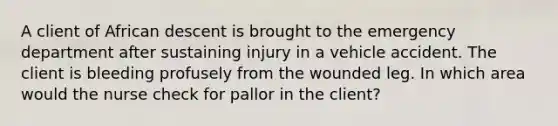 A client of African descent is brought to the emergency department after sustaining injury in a vehicle accident. The client is bleeding profusely from the wounded leg. In which area would the nurse check for pallor in the client?