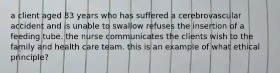 a client aged 83 years who has suffered a cerebrovascular accident and is unable to swallow refuses the insertion of a feeding tube. the nurse communicates the clients wish to the family and health care team. this is an example of what ethical principle?