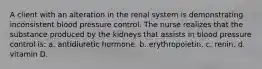 A client with an alteration in the renal system is demonstrating inconsistent blood pressure control. The nurse realizes that the substance produced by the kidneys that assists in blood pressure control is: a. antidiuretic hormone. b. erythropoietin. c. renin. d. vitamin D.