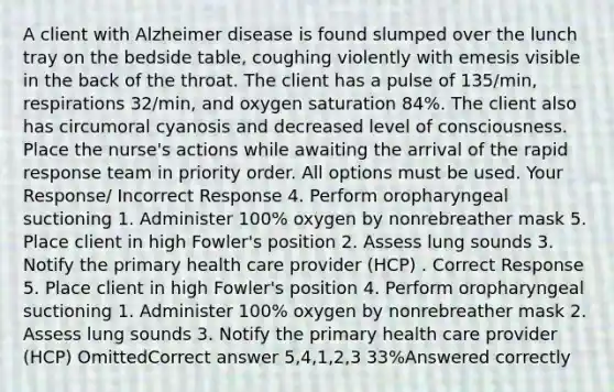 A client with Alzheimer disease is found slumped over the lunch tray on the bedside table, coughing violently with emesis visible in the back of the throat. The client has a pulse of 135/min, respirations 32/min, and oxygen saturation 84%. The client also has circumoral cyanosis and decreased level of consciousness. Place the nurse's actions while awaiting the arrival of the rapid response team in priority order. All options must be used. Your Response/ Incorrect Response 4. Perform oropharyngeal suctioning 1. Administer 100% oxygen by nonrebreather mask 5. Place client in high Fowler's position 2. Assess lung sounds 3. Notify the primary health care provider (HCP) . Correct Response 5. Place client in high Fowler's position 4. Perform oropharyngeal suctioning 1. Administer 100% oxygen by nonrebreather mask 2. Assess lung sounds 3. Notify the primary health care provider (HCP) OmittedCorrect answer 5,4,1,2,3 33%Answered correctly