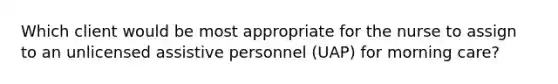 Which client would be most appropriate for the nurse to assign to an unlicensed assistive personnel (UAP) for morning care?