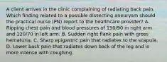 A client arrives in the clinic complaining of radiating back pain. Which finding related to a possible dissecting aneurysm should the practical nurse (PN) report to the healthcare provider? A. Ripping chest pain and blood pressures of 150/90 in right arm and 120/70 in left arm. B. Sudden right flank pain with gross hematuria. C. Sharp epigastric pain that radiates to the scapula. D. Lower back pain that radiates down back of the leg and is more intense with coughing.